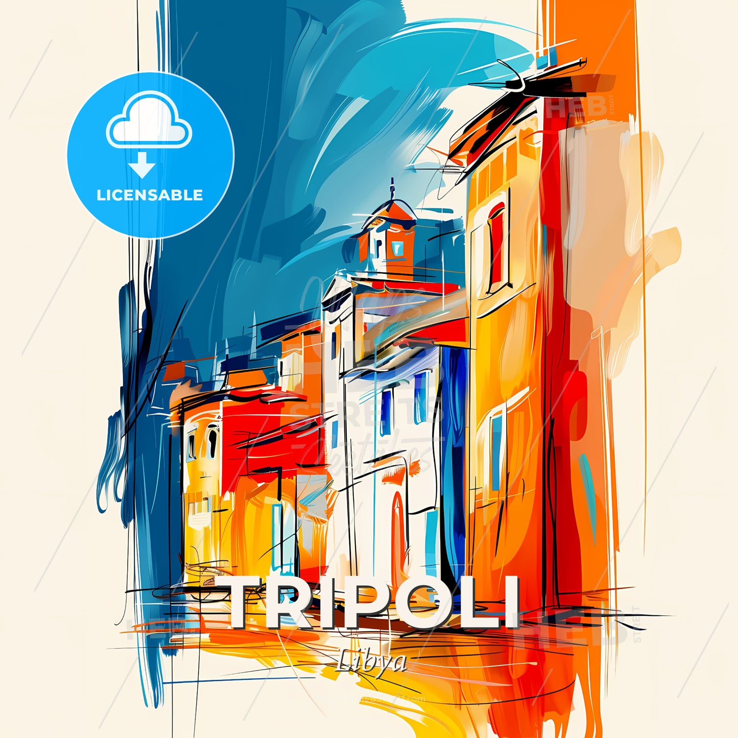 Vibrant Tripoli, Libya - A Painting Of Buildings In A Street - Square format print template