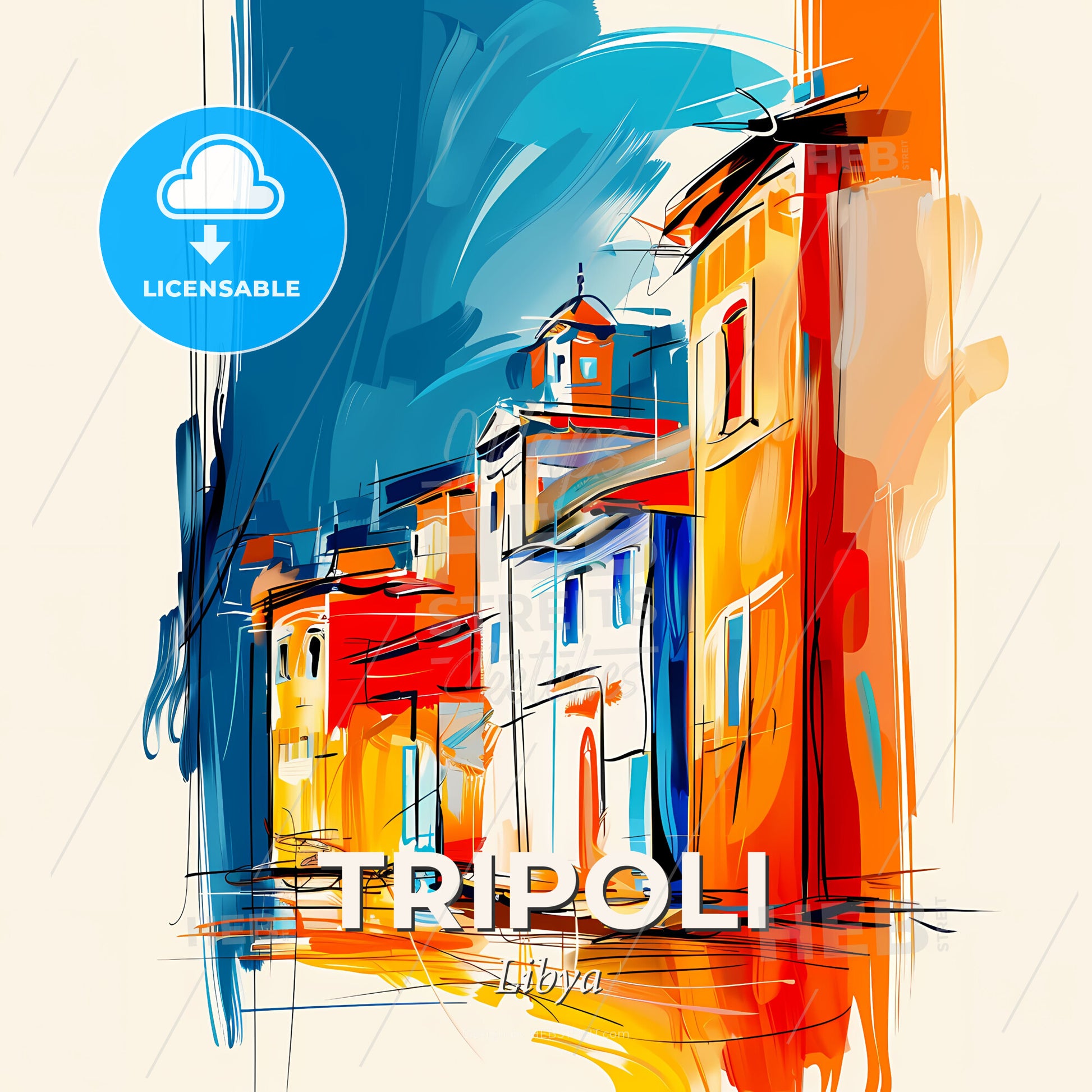 Vibrant Tripoli, Libya - A Painting Of Buildings In A Street - Square format print template
