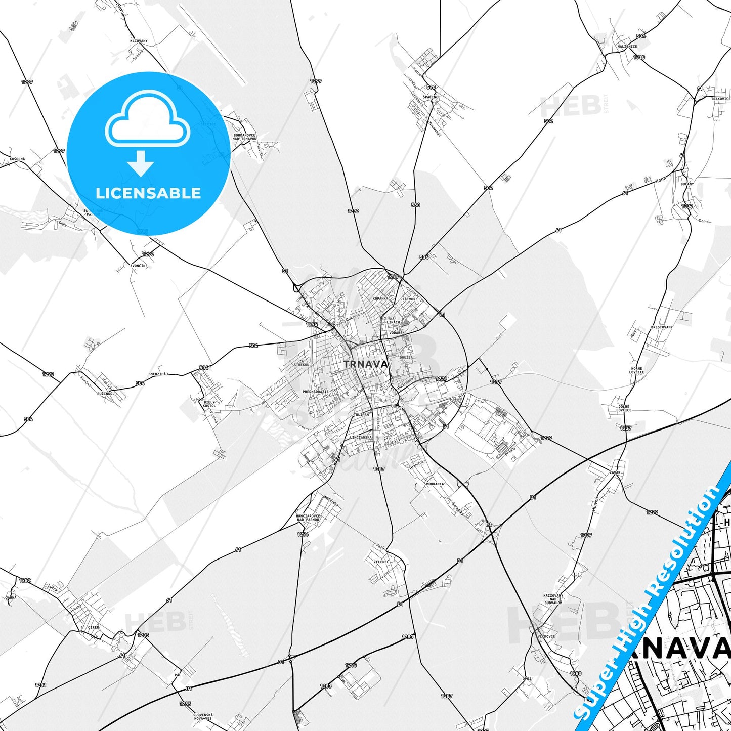 Trnava, Slovakia light map with streetnames, citynames and districts
