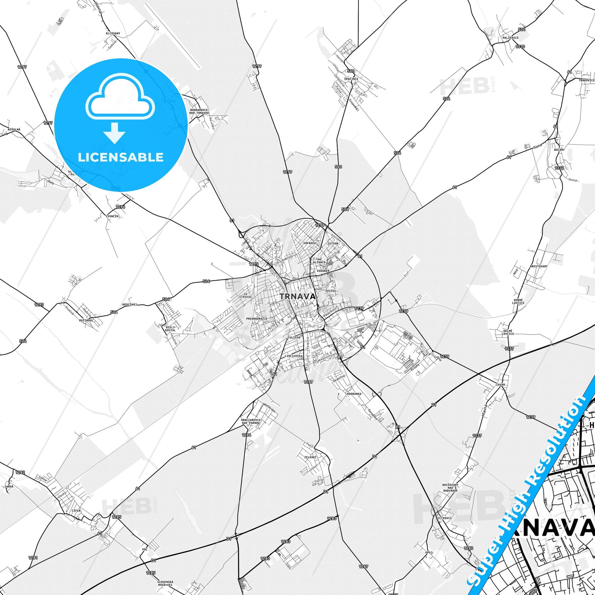 Trnava, Slovakia light map with streetnames, citynames and districts