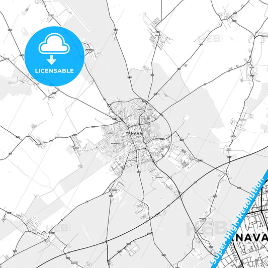 Trnava, Slovakia light map with streetnames, citynames and districts
