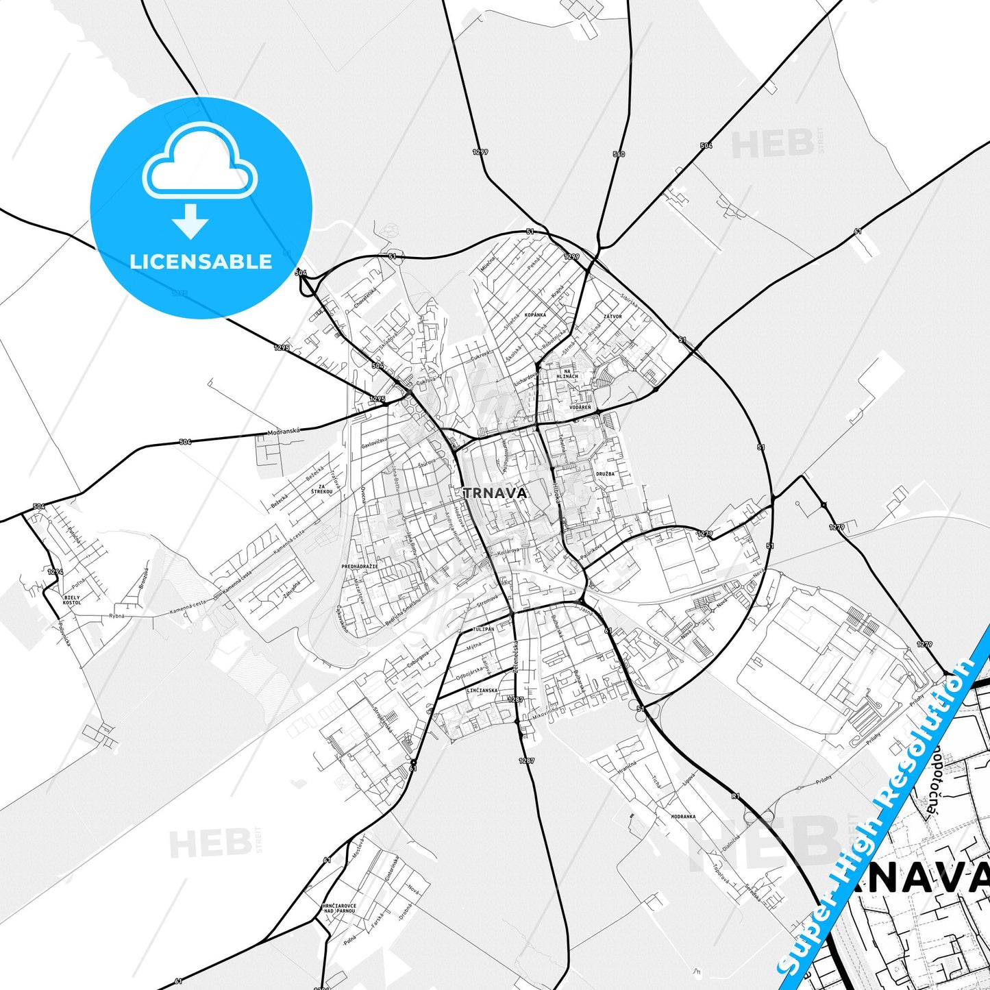Trnava, Slovakia Light Map with Street Names, City Names, and Districts