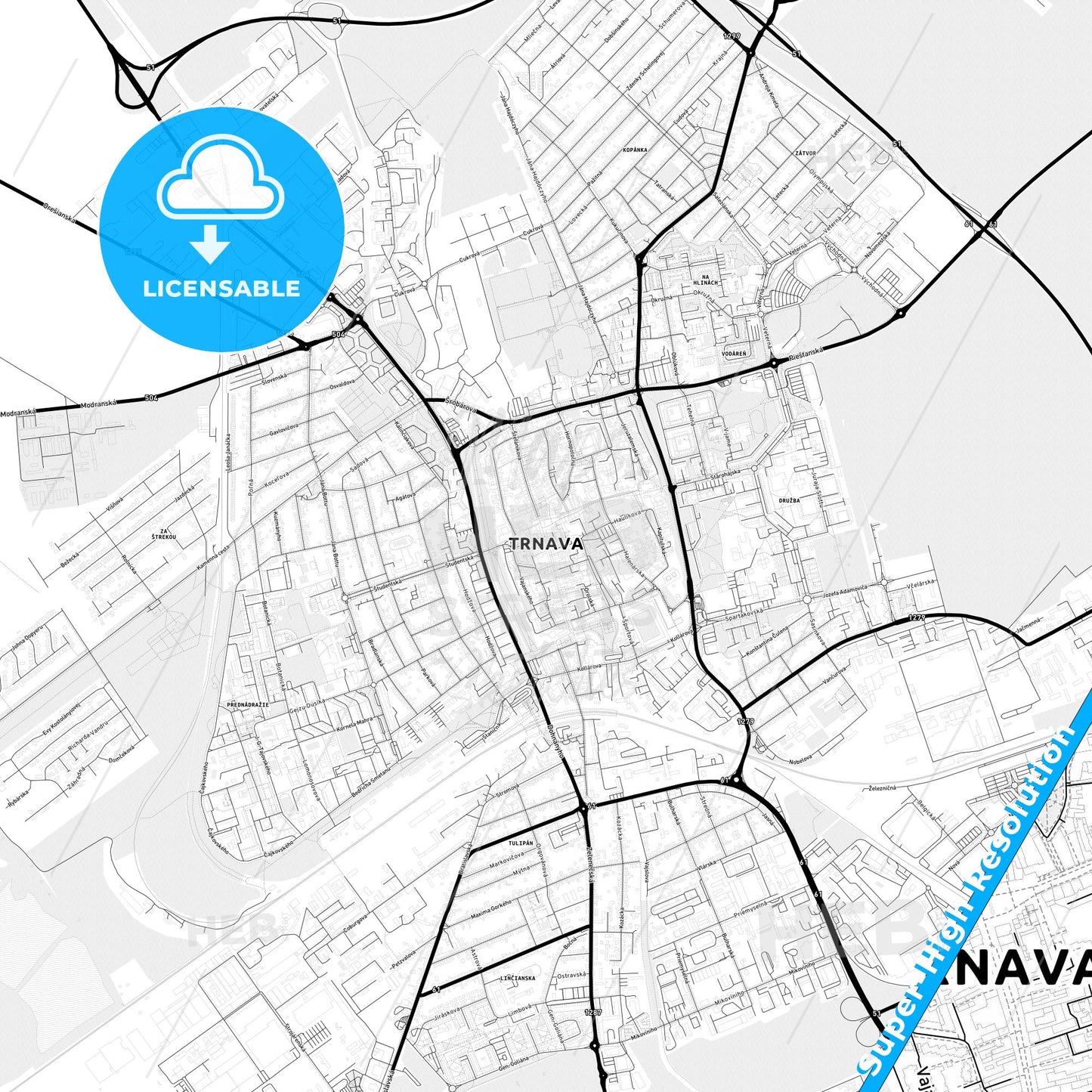 Trnava, Slovakia Light Map with Street Names, City Names, and Districts