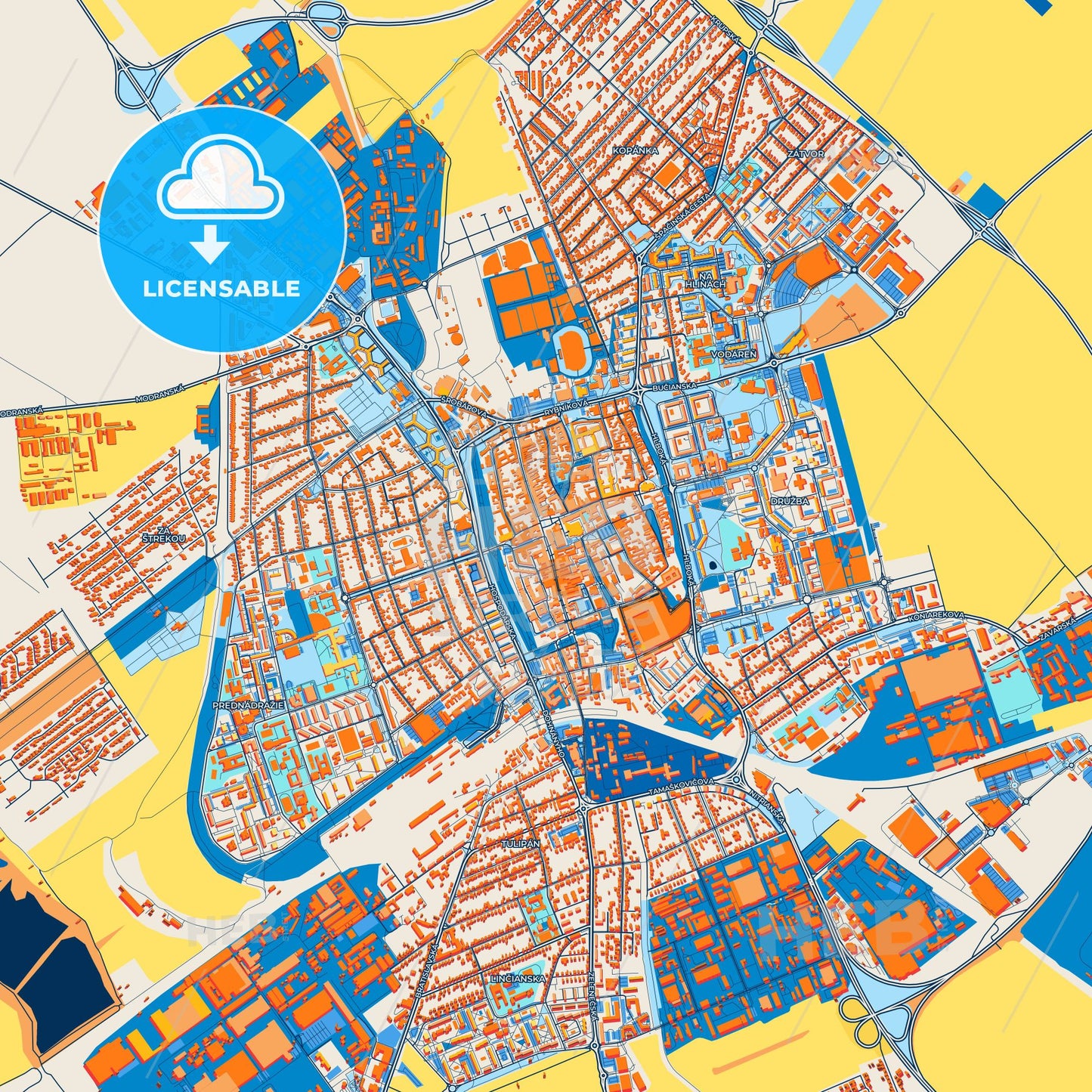 Colorful Trnava Street Map with Labels and Buildings