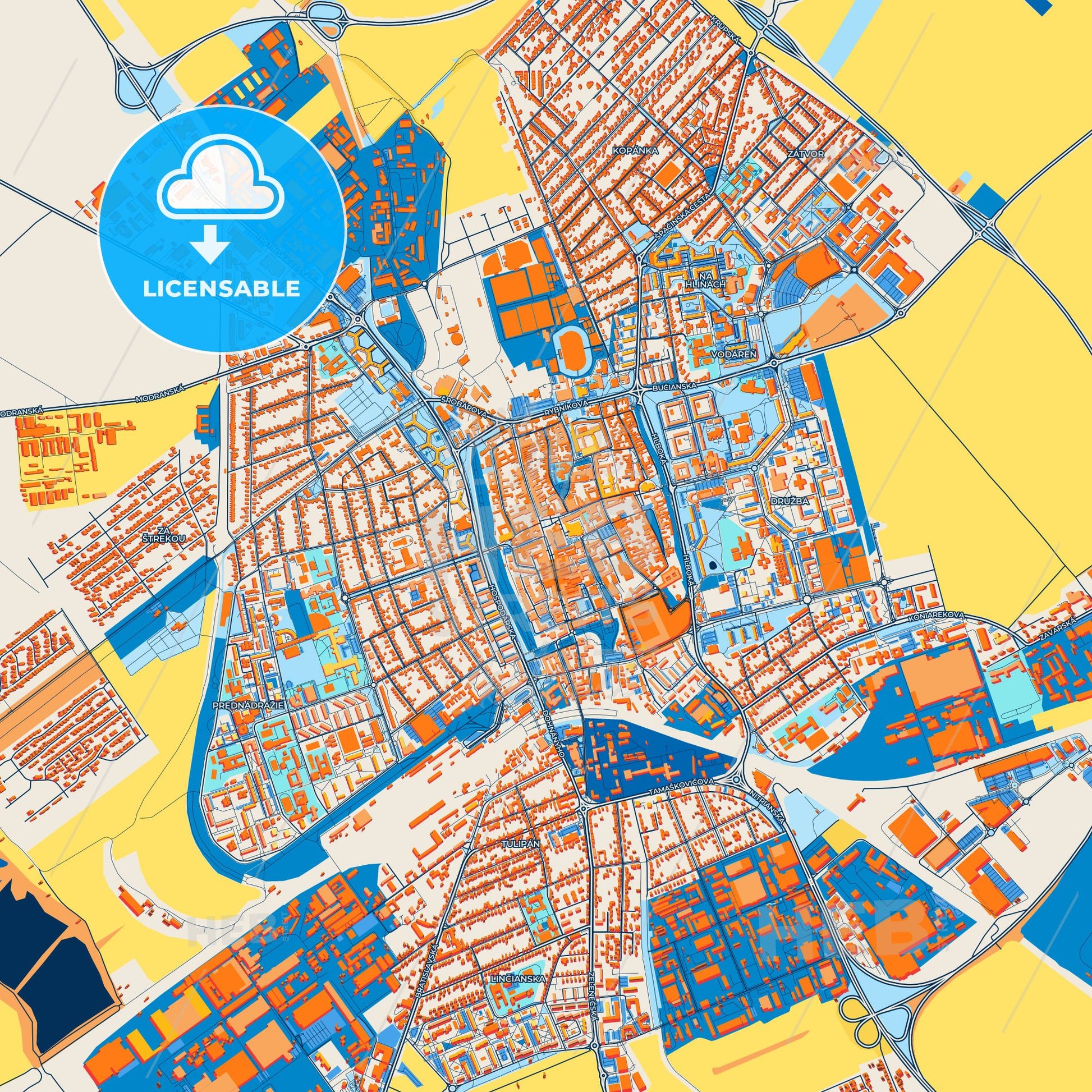 Colorful Trnava Street Map with Labels and Buildings