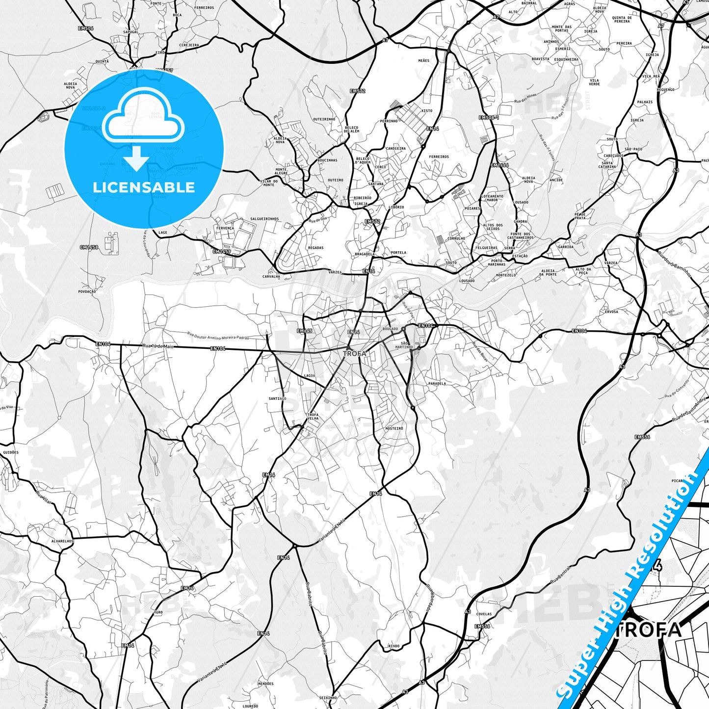 Trofa, Portugal Light Map with Street Names, City Names, and Districts