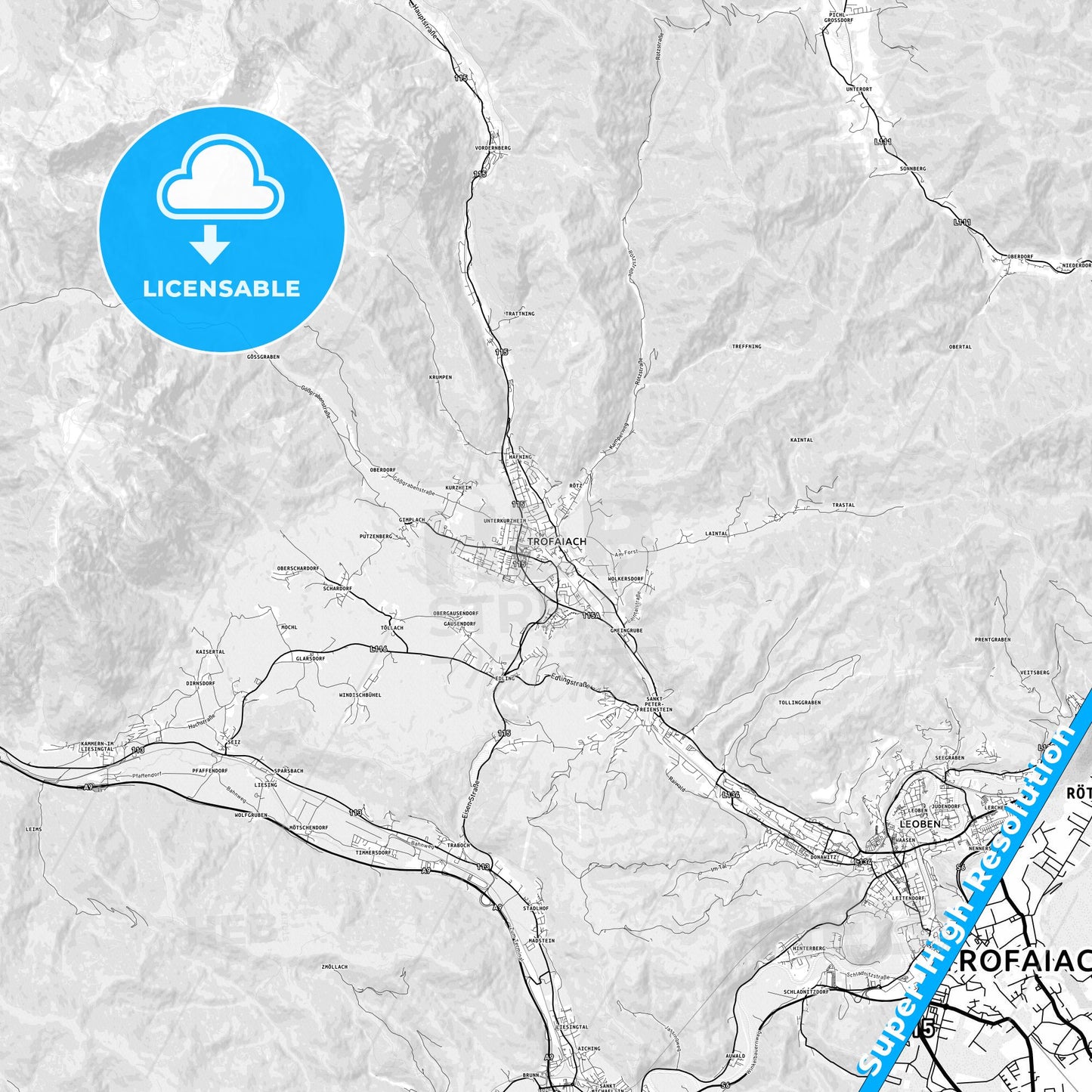 Trofaiach, Austria light map with streetnames, citynames and districts