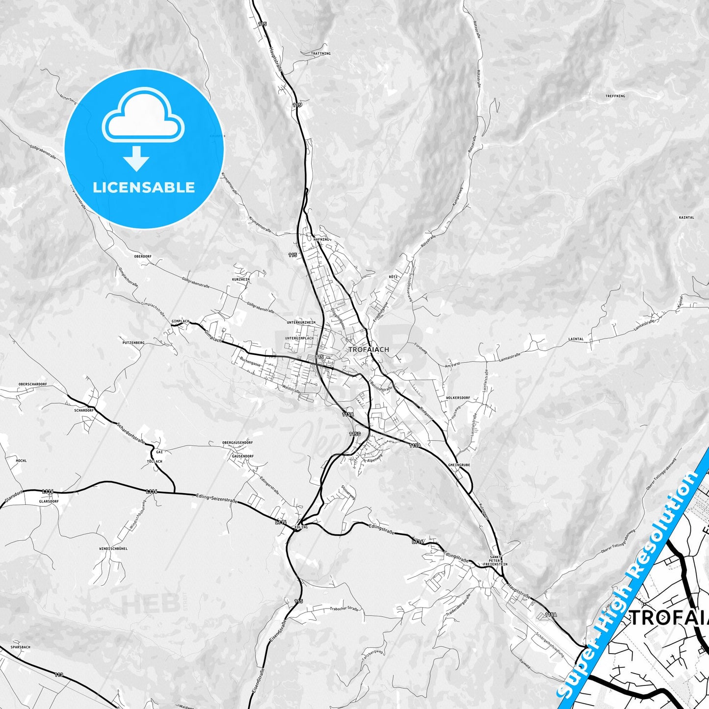 Trofaiach, Austria Light Map with Street Names, City Names, and Districts