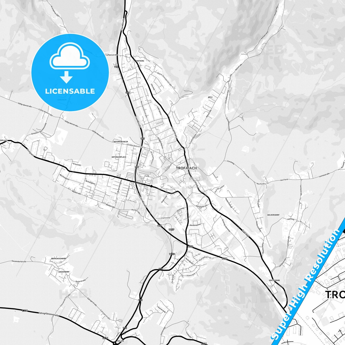 Trofaiach, Austria Light Map with Street Names, City Names, and Districts