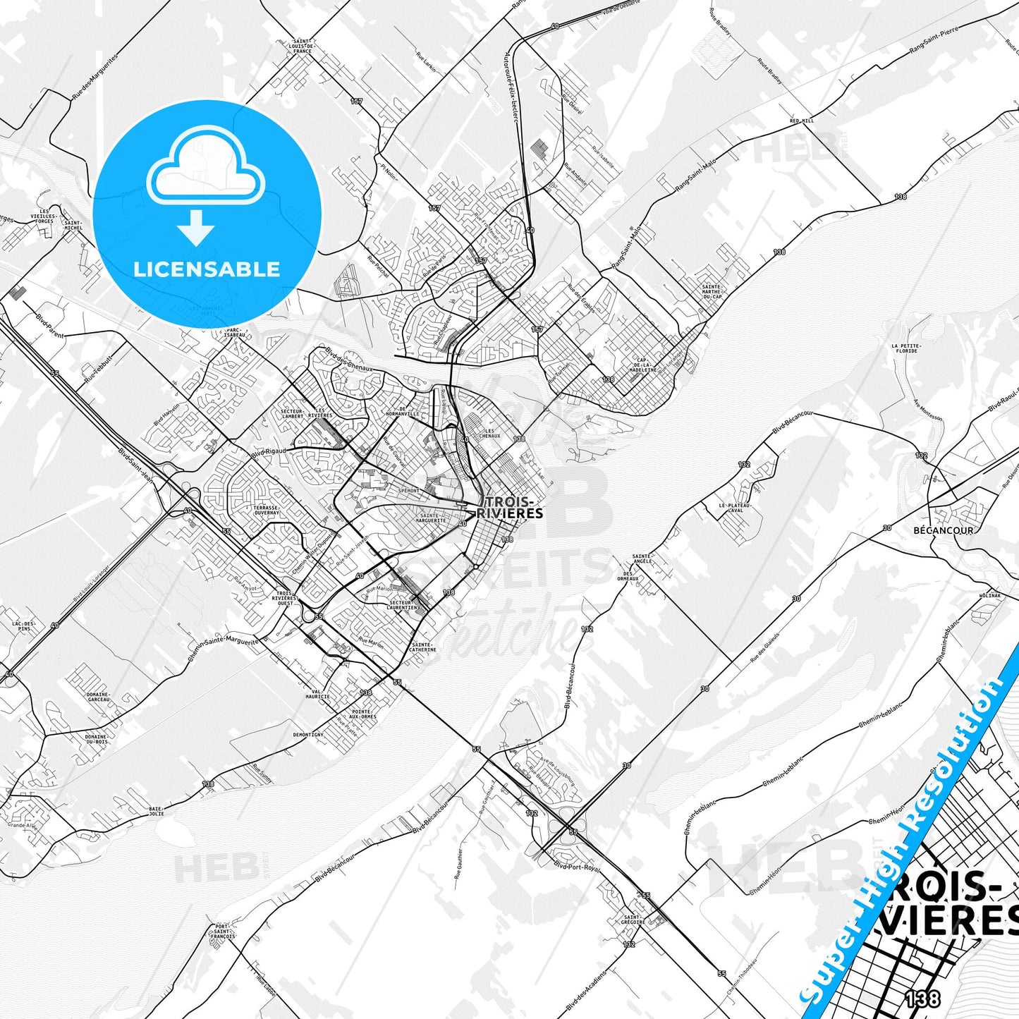 Trois-Rivières, Canada light map with streetnames, citynames and districts