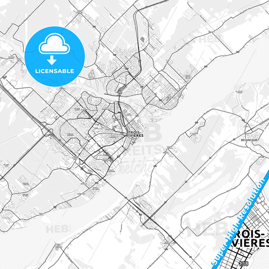 Trois-Rivières, Canada light map with streetnames, citynames and districts
