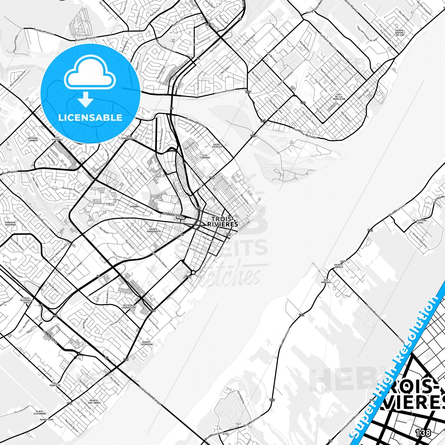 Trois-Rivières, Canada Light Map with Street Names, City Names, and Districts