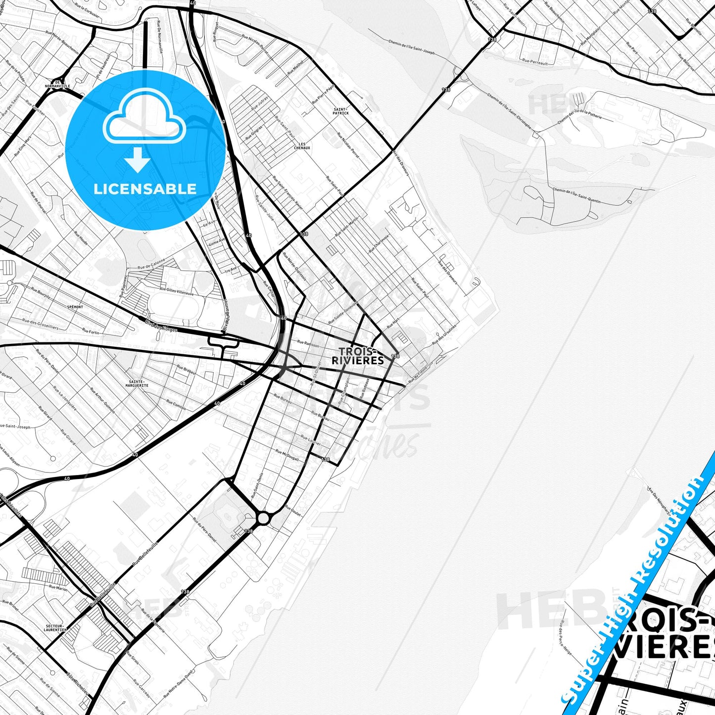 Trois-Rivières, Canada Light Map with Street Names, City Names, and Districts