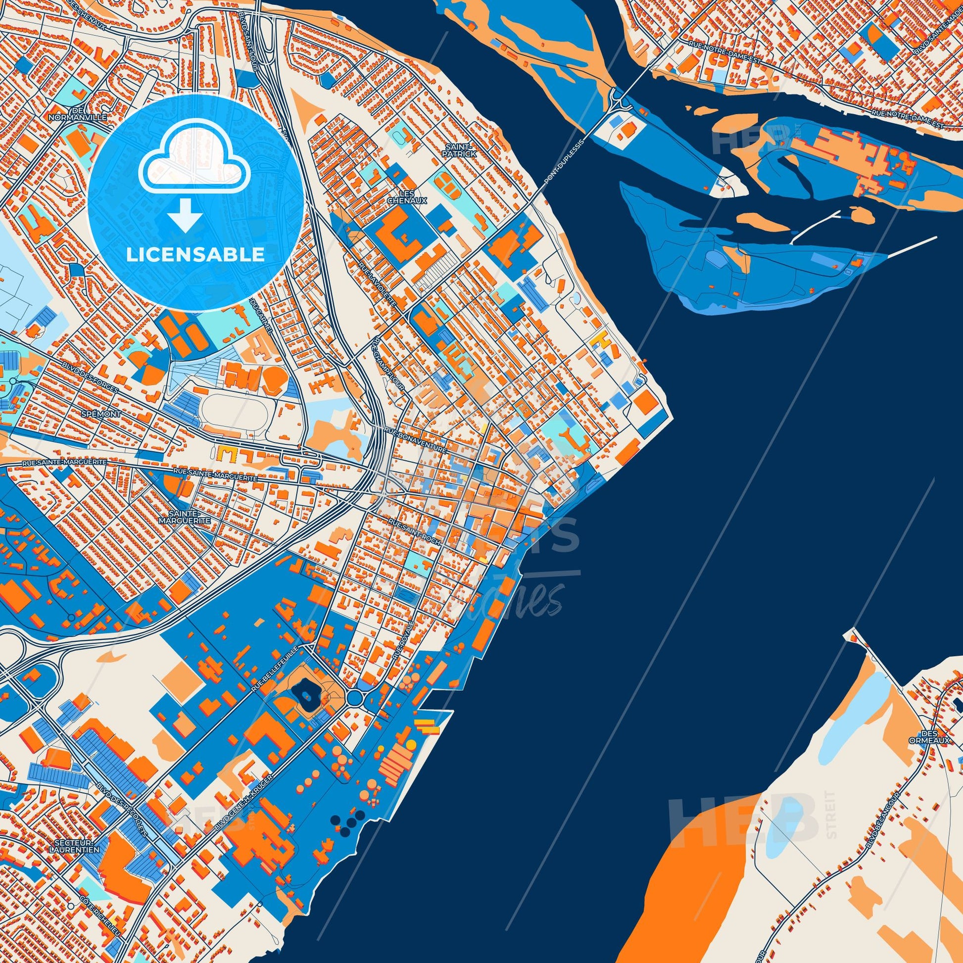 Colorful Trois-Rivières Street Map with Labels and Buildings