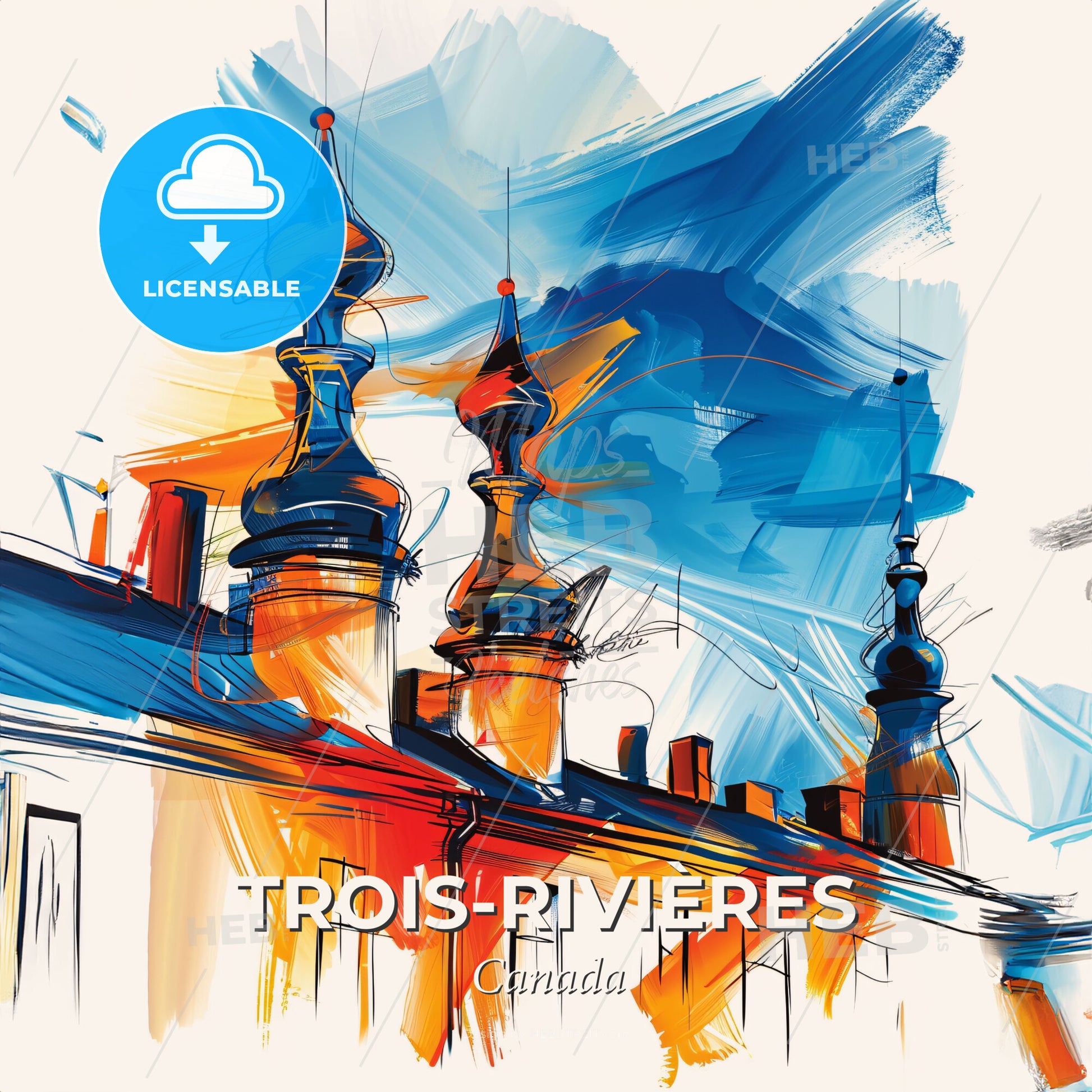 Vibrant Trois-Rivières, Canada - A Painting Of A Building With Colorful Spires - Square format print template