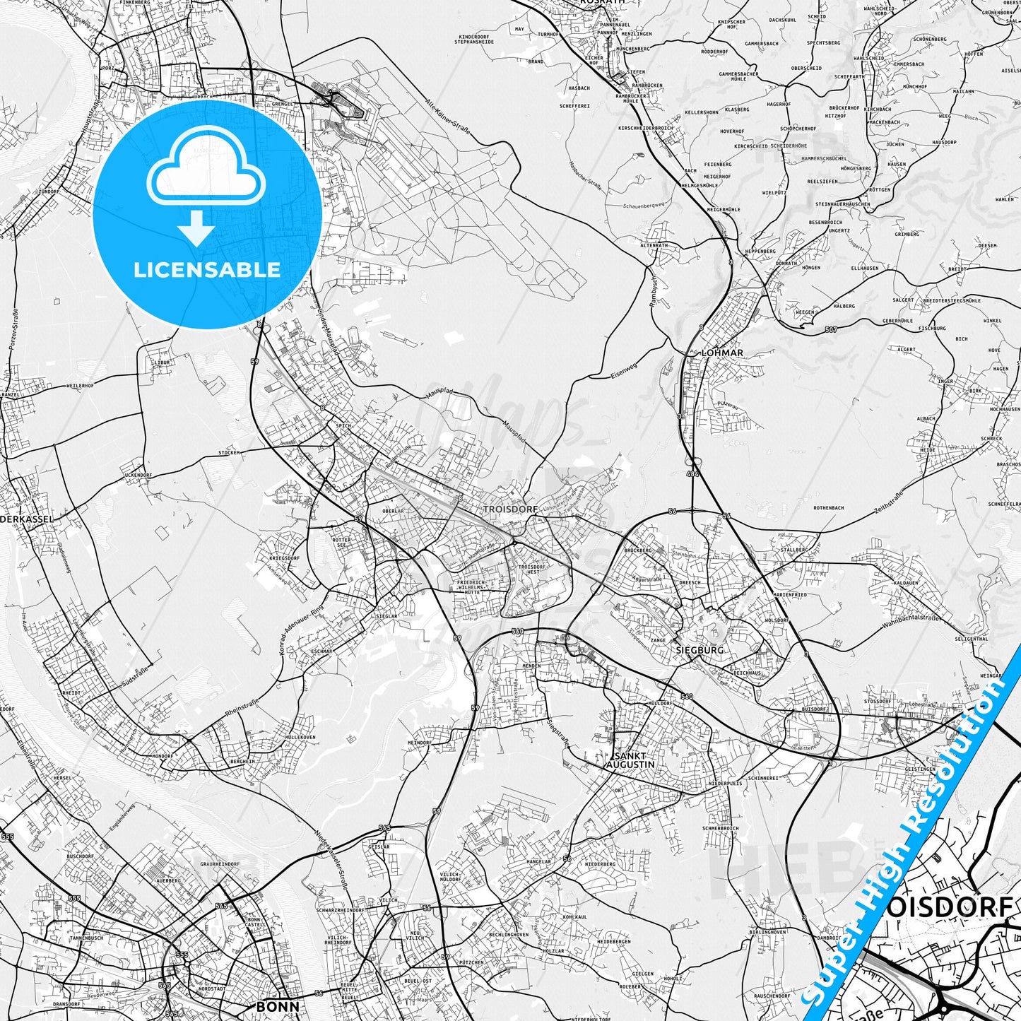 Troisdorf, Germany light map with streetnames, citynames and districts