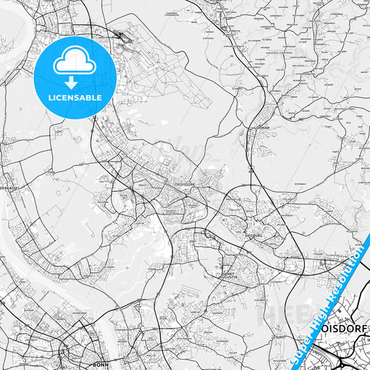 Troisdorf, Germany light map with streetnames, citynames and districts