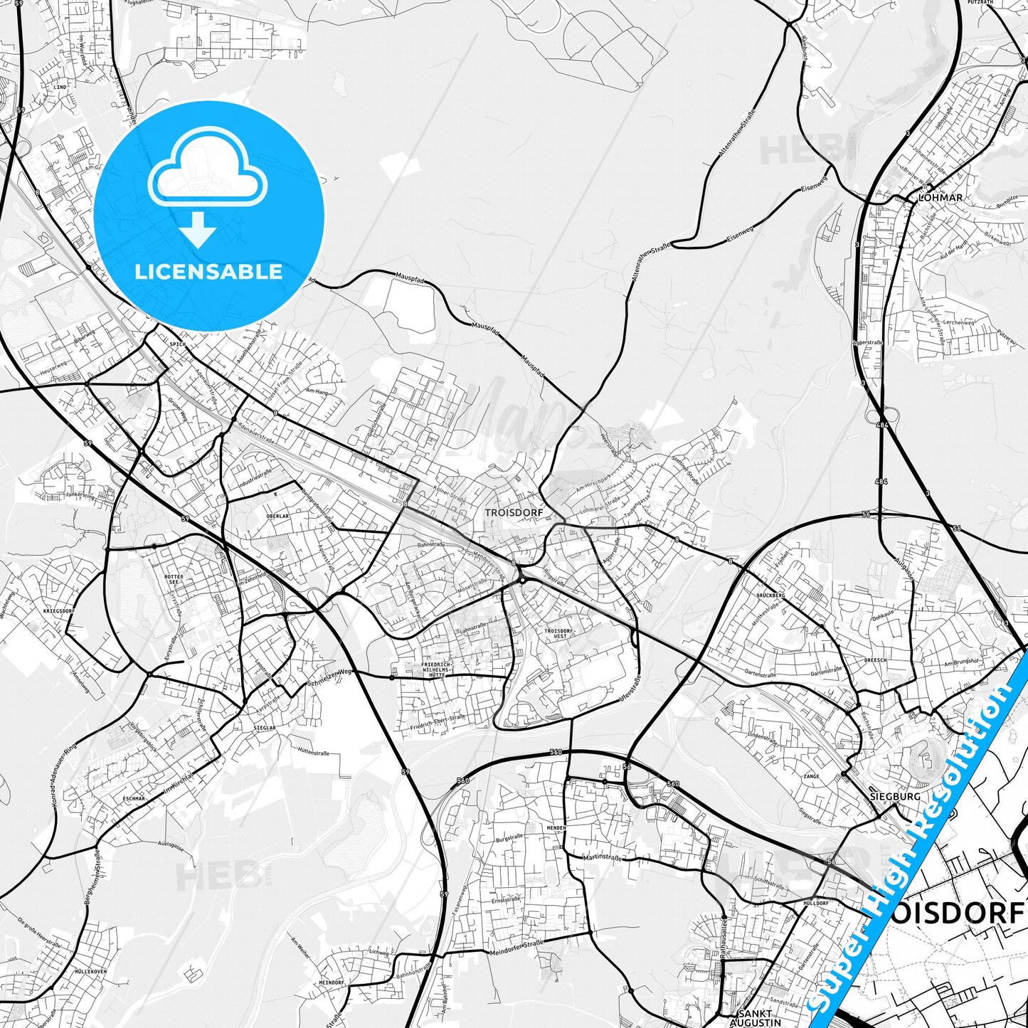 Troisdorf, Germany Light Map with Street Names, City Names, and Districts