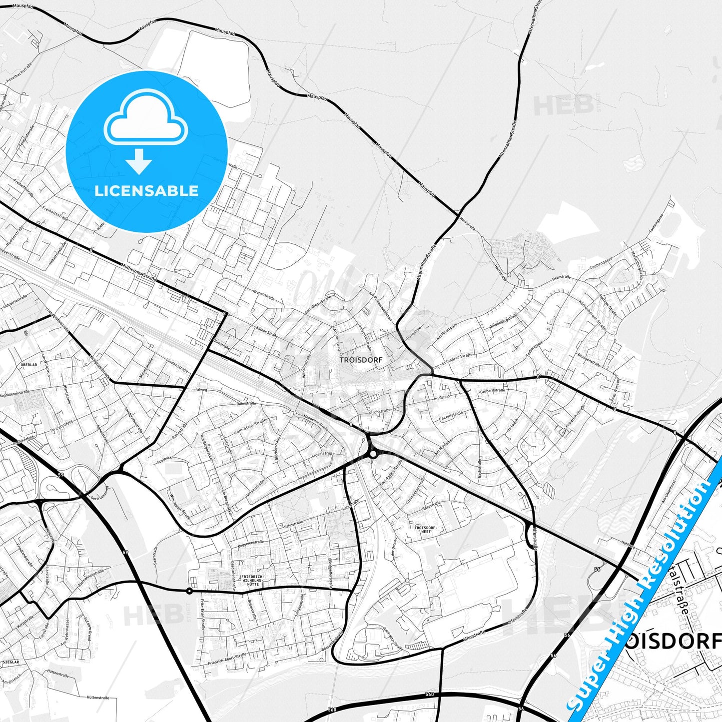 Troisdorf, Germany Light Map with Street Names, City Names, and Districts