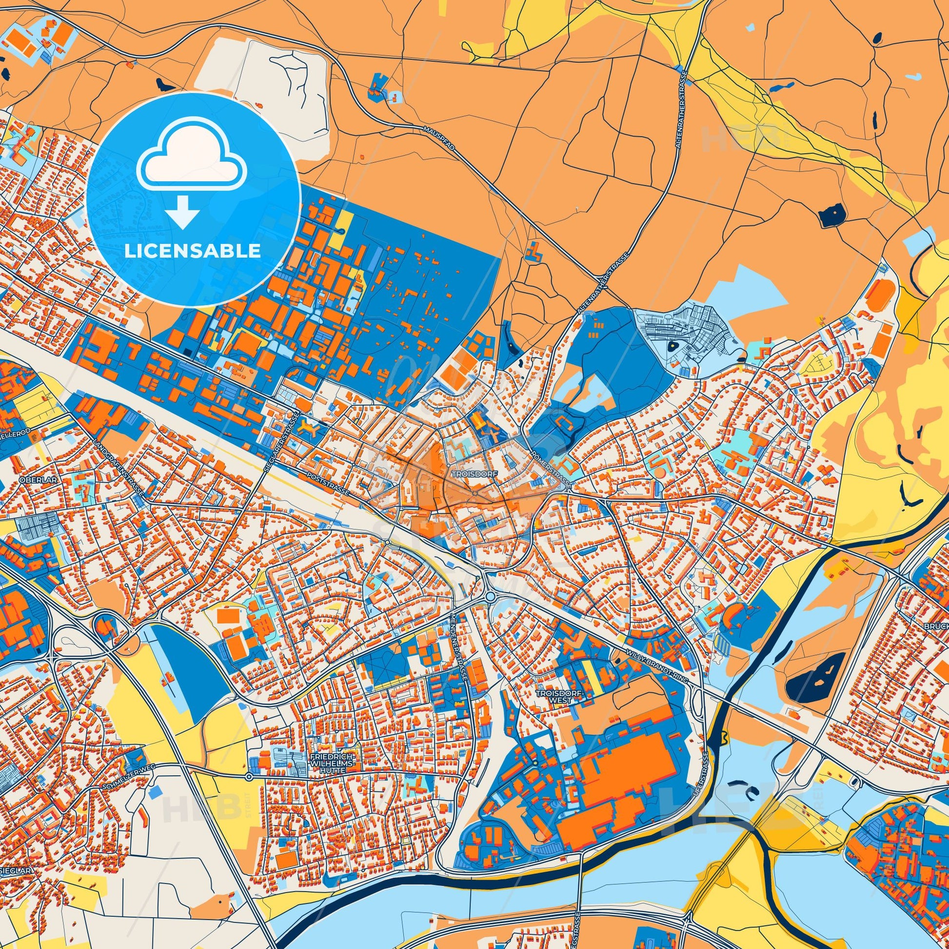 Colorful Troisdorf Street Map with Labels and Buildings
