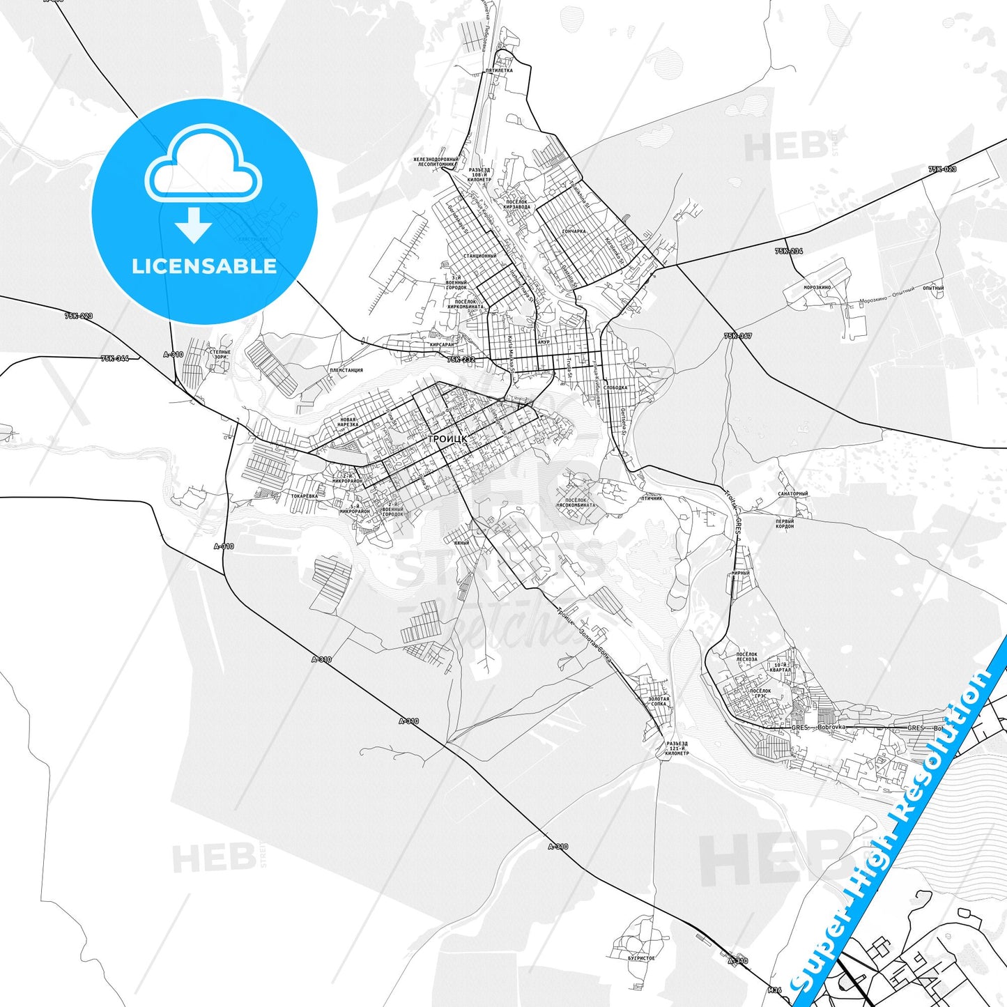 Troitsk, Russia light map with streetnames, citynames and districts