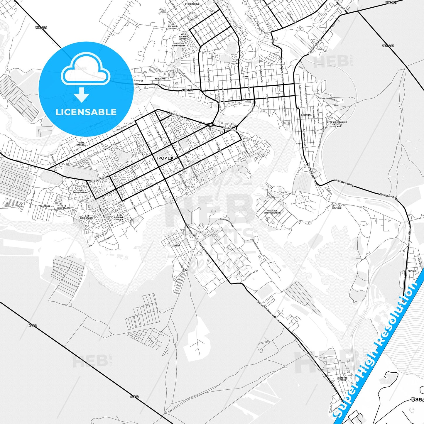 Troitsk, Russia Light Map with Street Names, City Names, and Districts