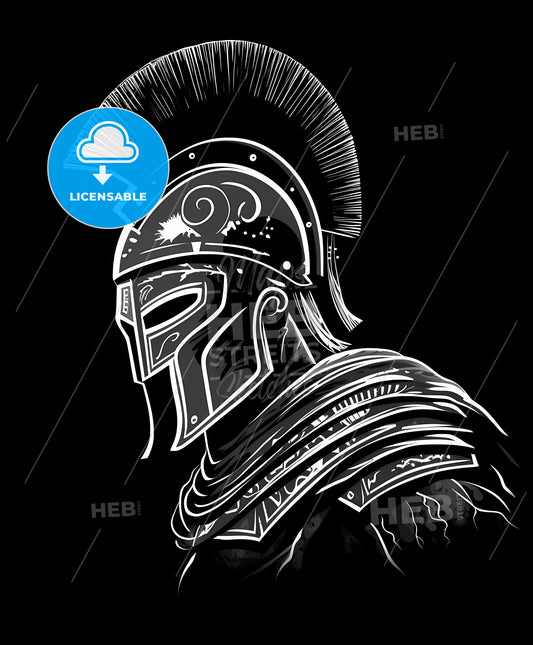 Black and White Trojan Mascot Logo, Bold Lines, Helmet, Art, Painting