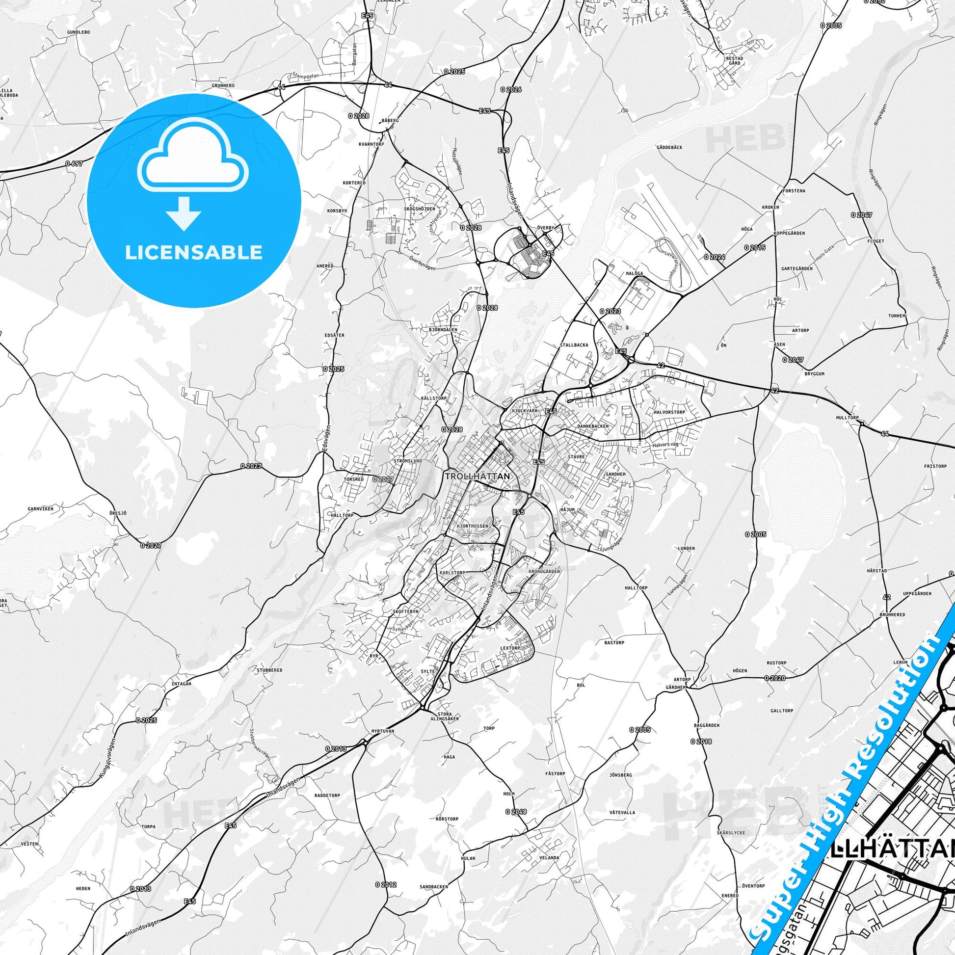 Trollhättan, Sweden light map with streetnames, citynames and districts