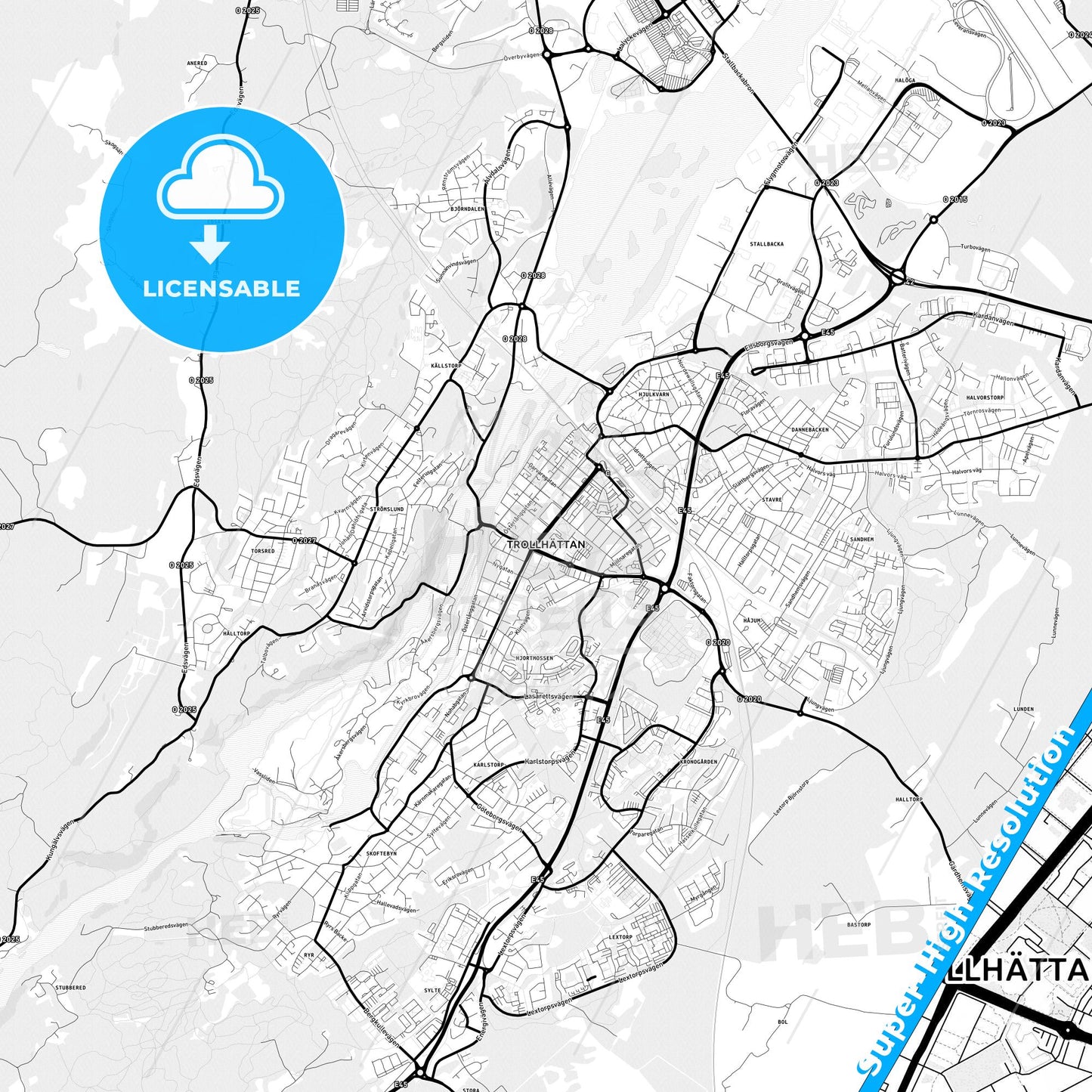Trollhättan, Sweden Light Map with Street Names, City Names, and Districts