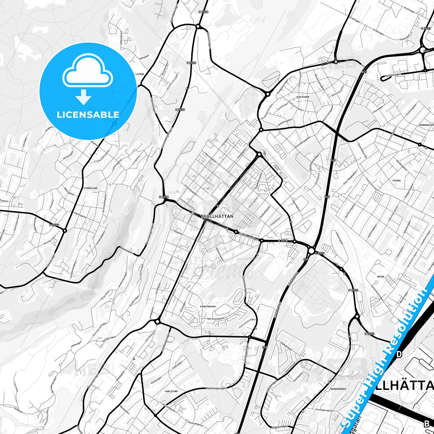 Trollhättan, Sweden Light Map with Street Names, City Names, and Districts