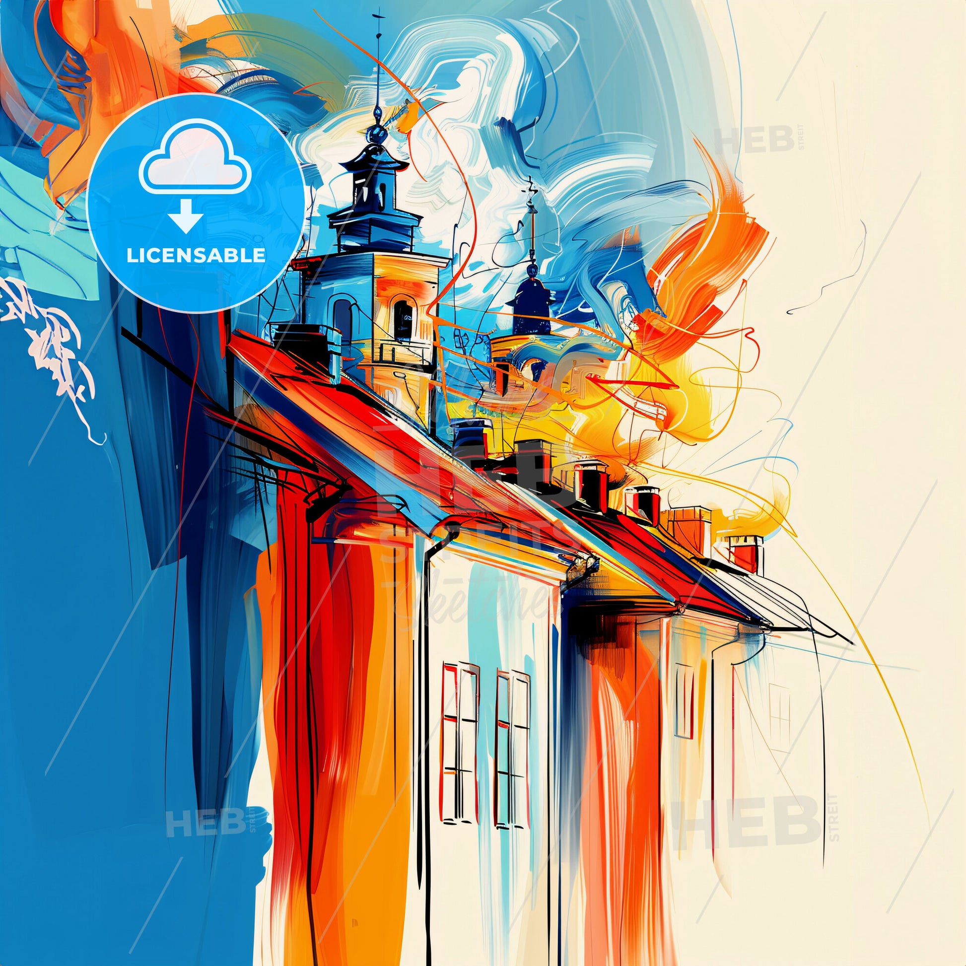 Vibrant Trollhättan, Sweden - A Painting Of A Building With A Fire On The Roof