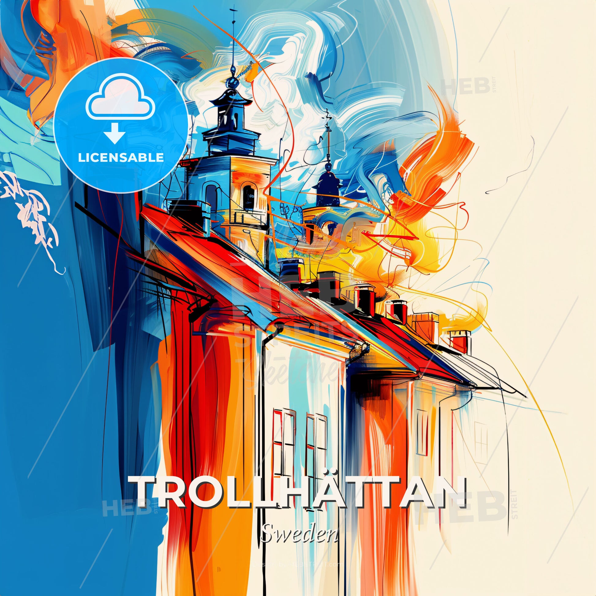 Vibrant Trollhättan, Sweden - A Painting Of A Building With A Fire On The Roof - Square format print template