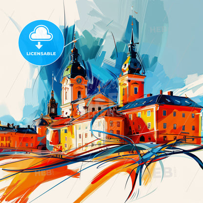 Vibrant Trollhättan, Sweden - A Painting Of A Building With Towers