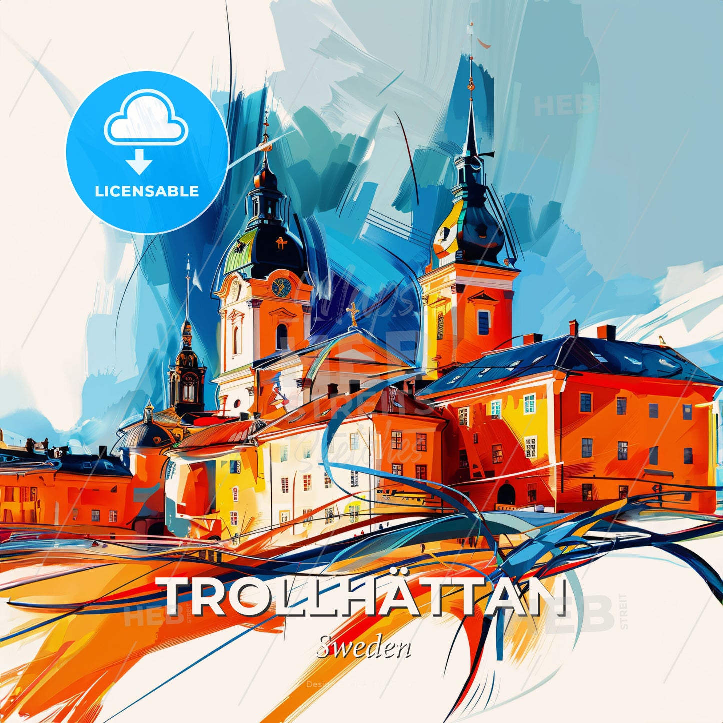 Vibrant Trollhättan, Sweden - A Painting Of A Building With Towers - Square format print template