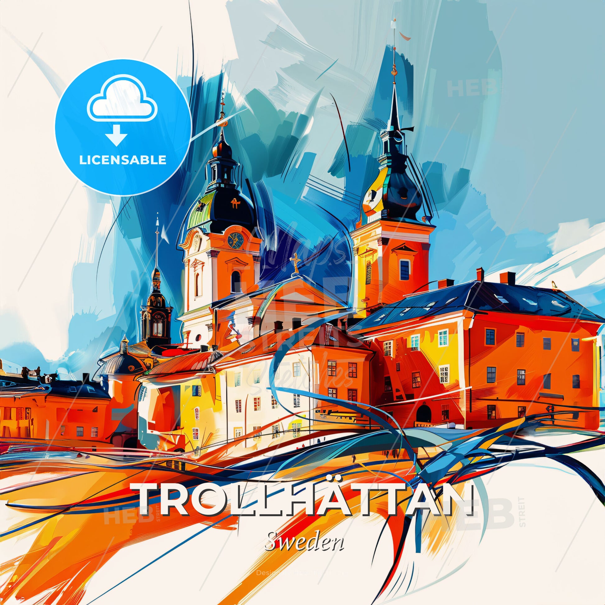 Vibrant Trollhättan, Sweden - A Painting Of A Building With Towers - Square format print template