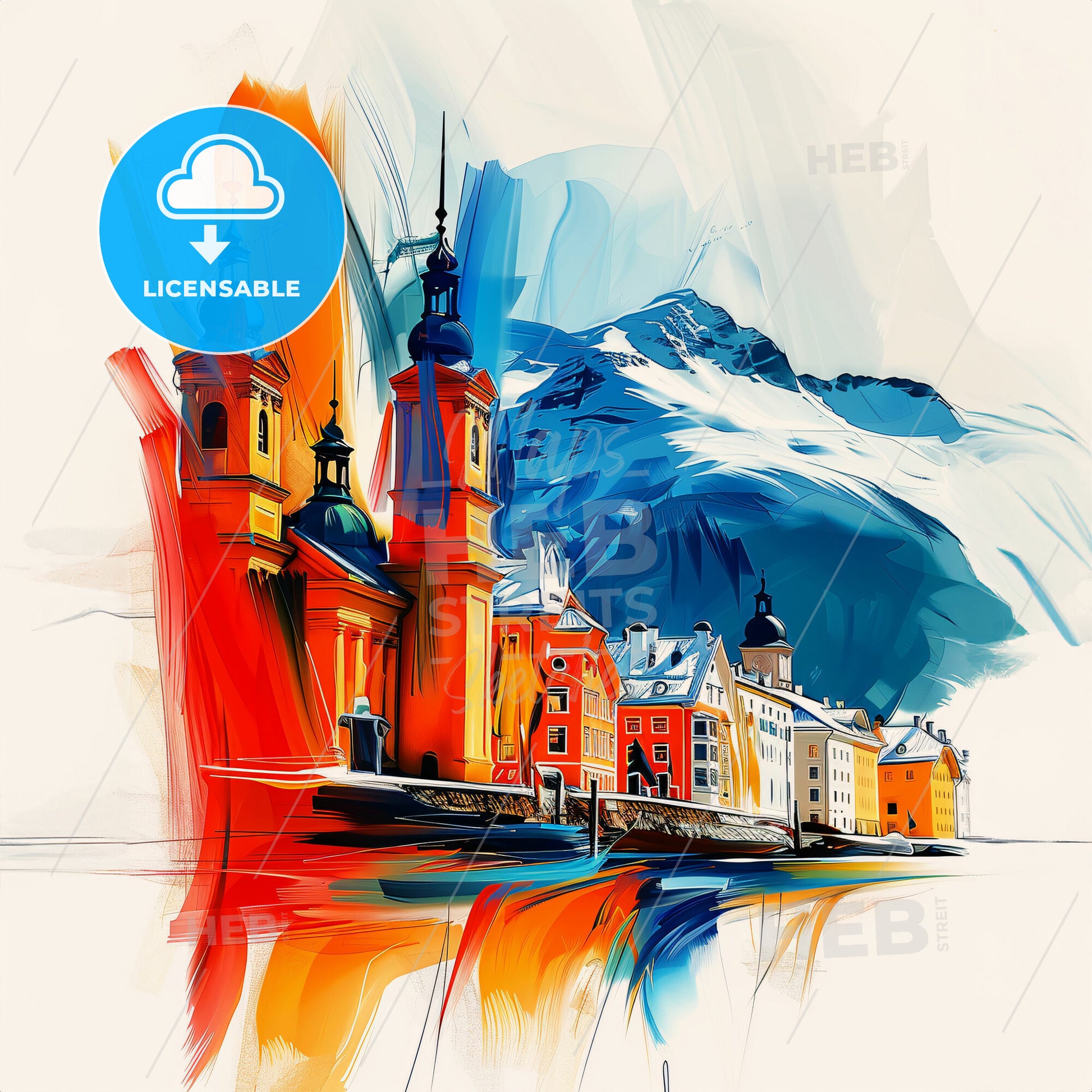 Vibrant Tromsø, Norway - A Colorful Painting Of Buildings And Mountains