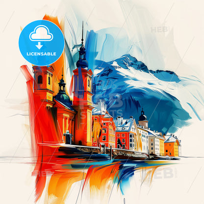 Vibrant Tromsø, Norway - A Colorful Painting Of Buildings And Mountains