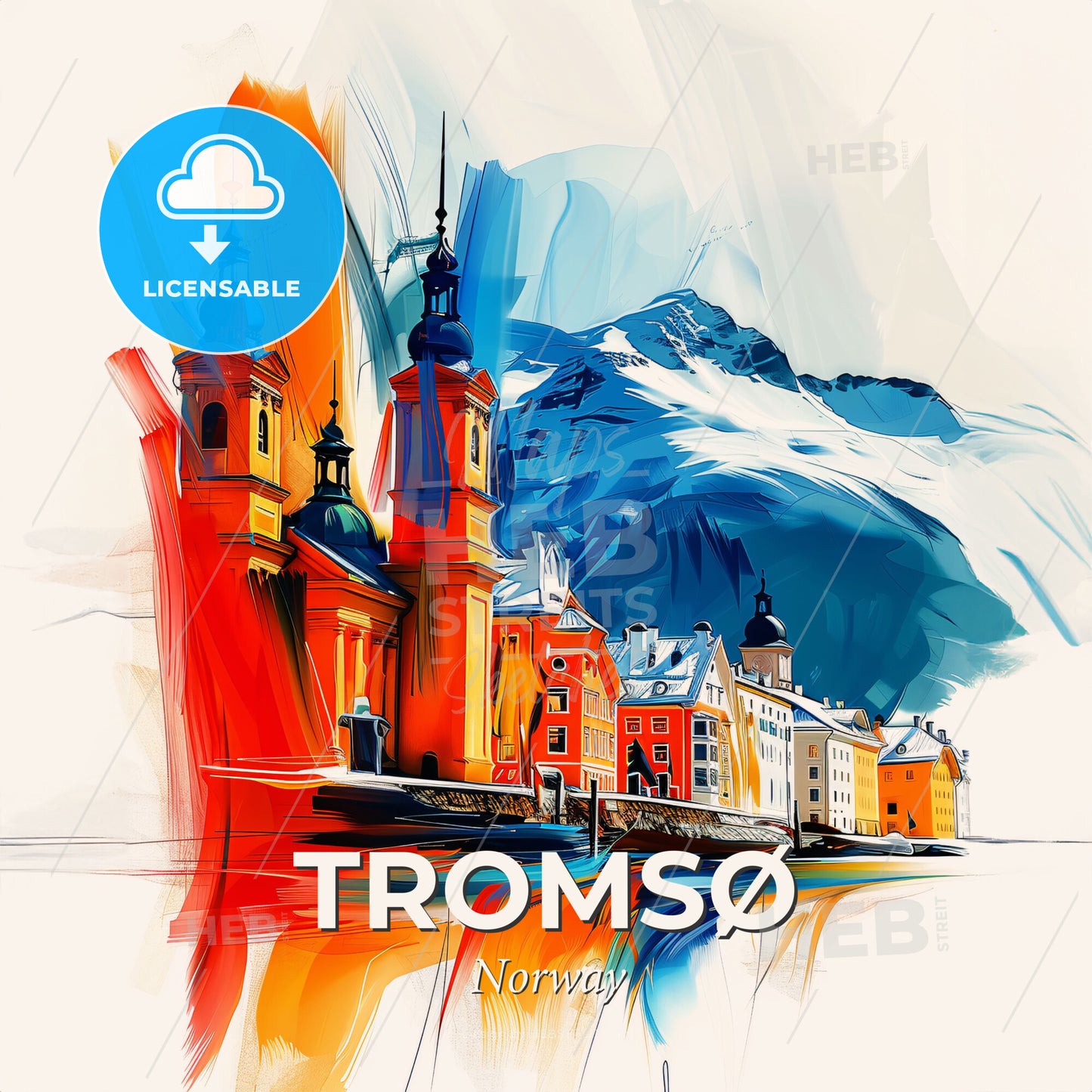 Vibrant Tromsø, Norway - A Colorful Painting Of Buildings And Mountains - Square format print template