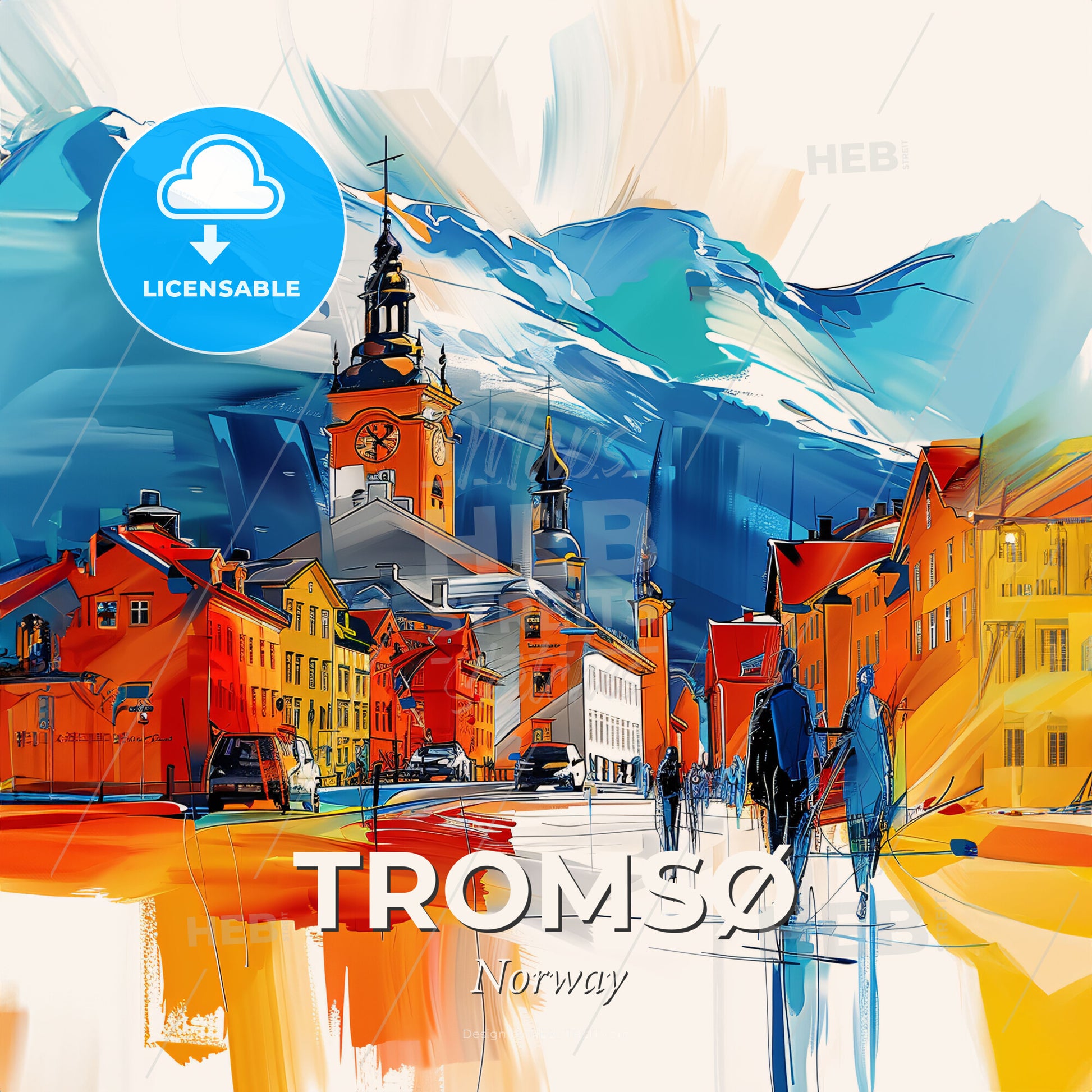 Vibrant Tromsø, Norway - A Painting Of A Town With A Mountain In The Background - Square format print template