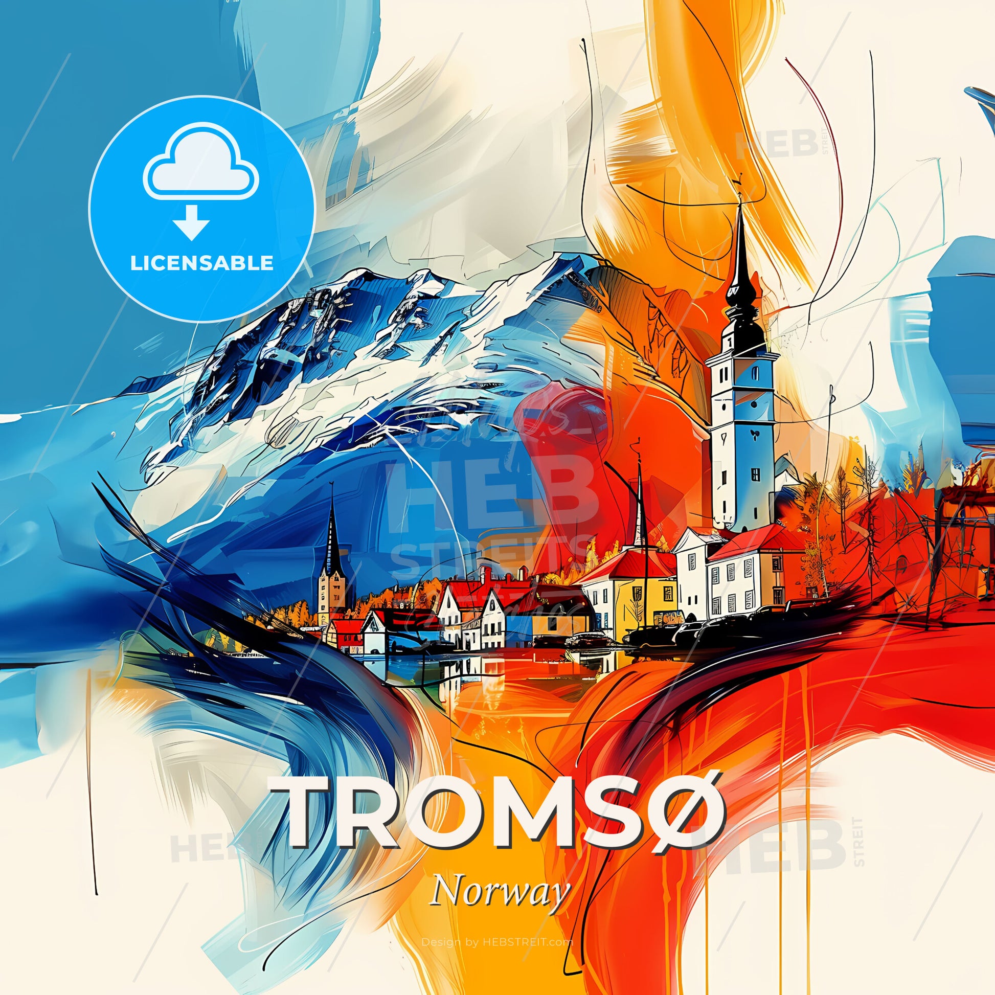 Vibrant Tromsø, Norway - A Painting Of A Town With A Mountain In The Background - Square format print template