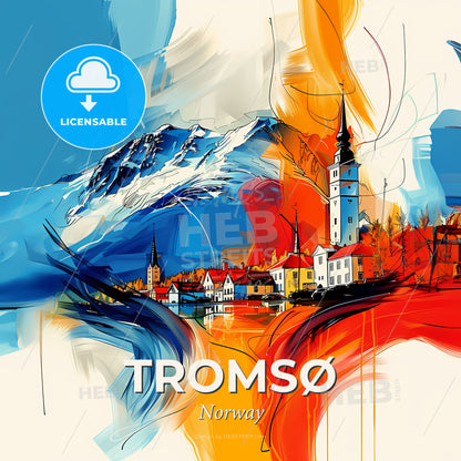 Vibrant Tromsø, Norway - A Painting Of A Town With A Mountain In The Background - Square format print template