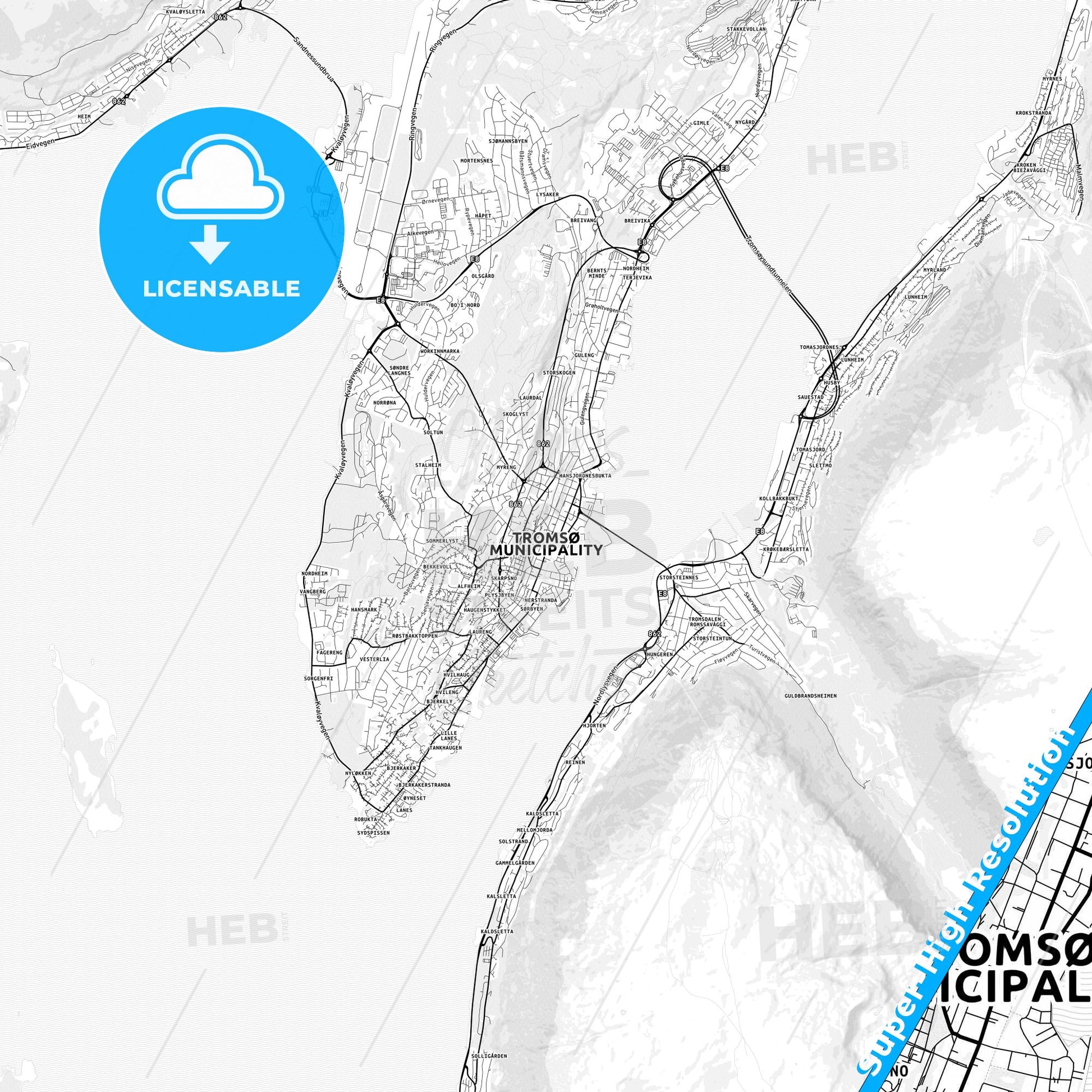 Tromsø, Norway light map with streetnames, citynames and districts