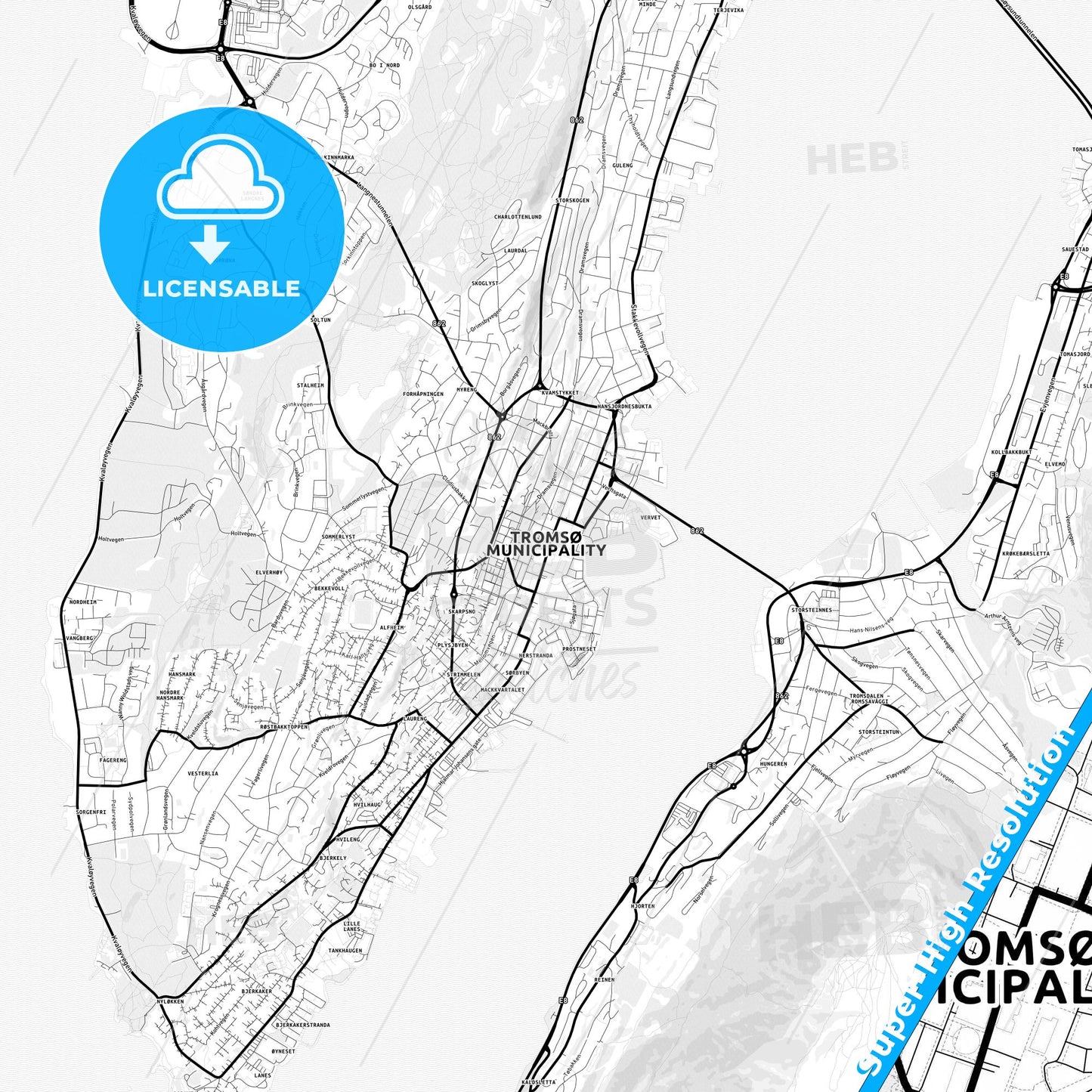 Tromsø, Norway Light Map with Street Names, City Names, and Districts