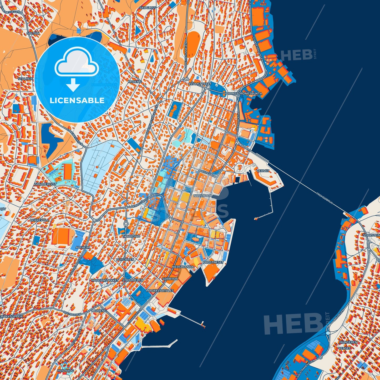 Colorful Tromsø Street Map with Labels and Buildings