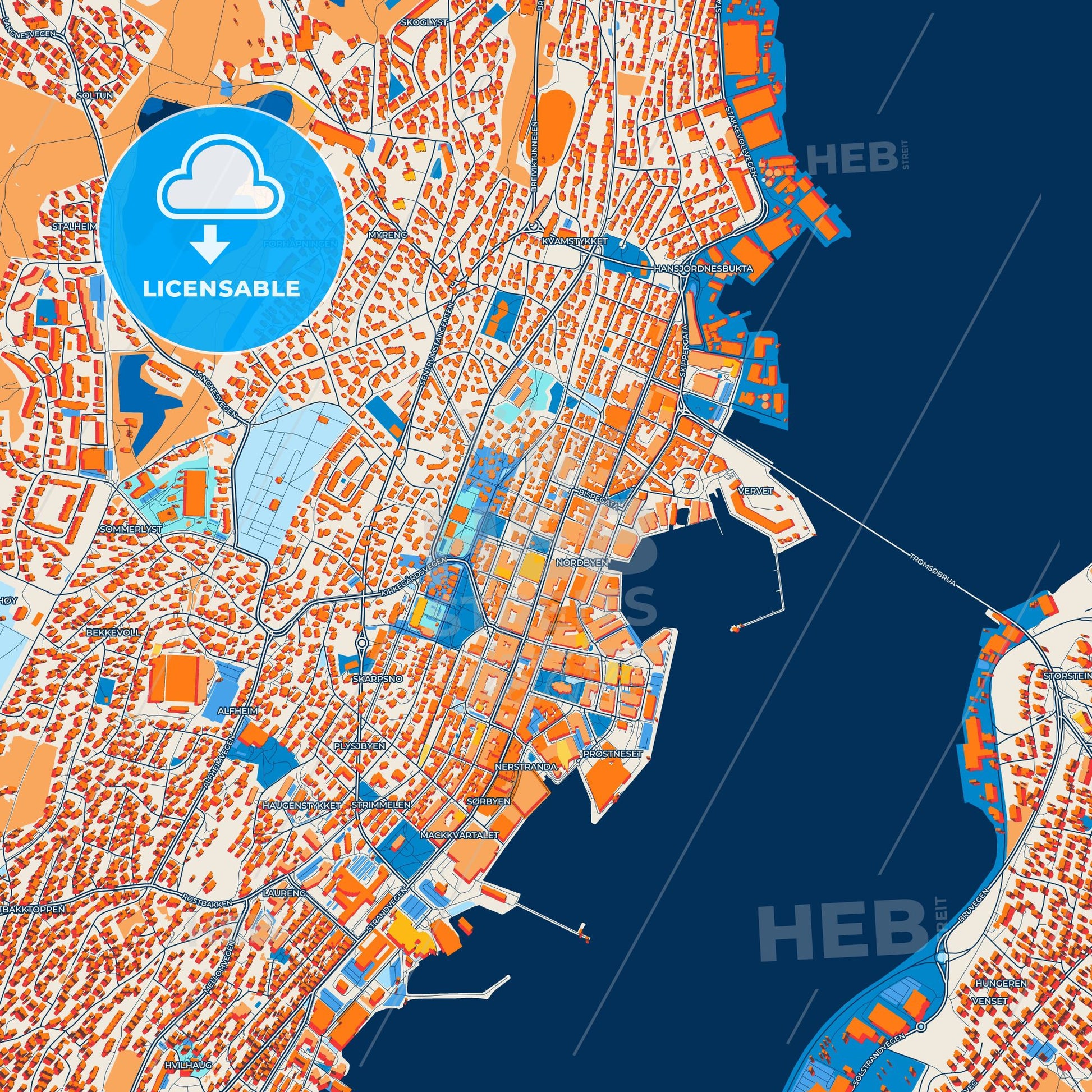Colorful Tromsø Street Map with Labels and Buildings