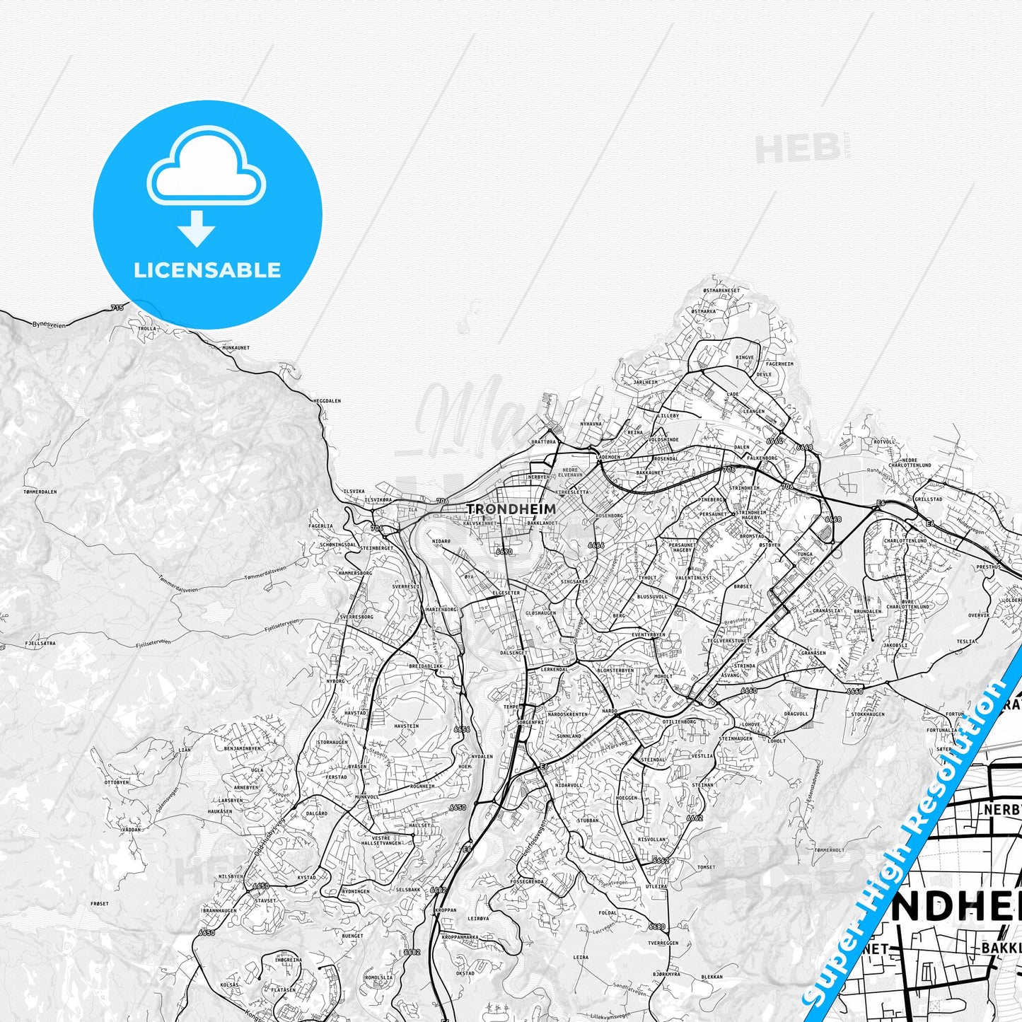 Trondheim, Norway light map with streetnames, citynames and districts