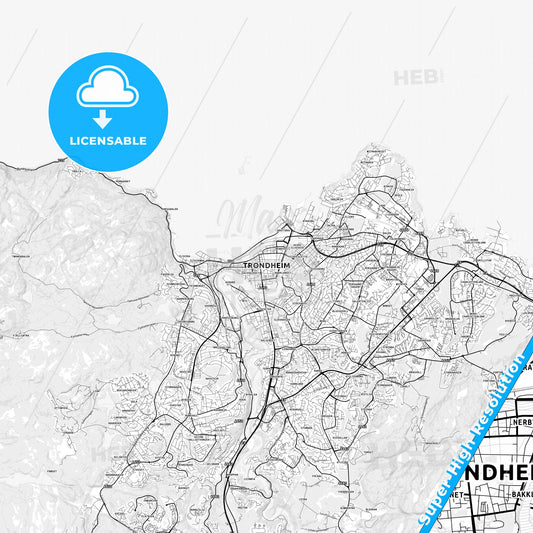 Trondheim, Norway light map with streetnames, citynames and districts