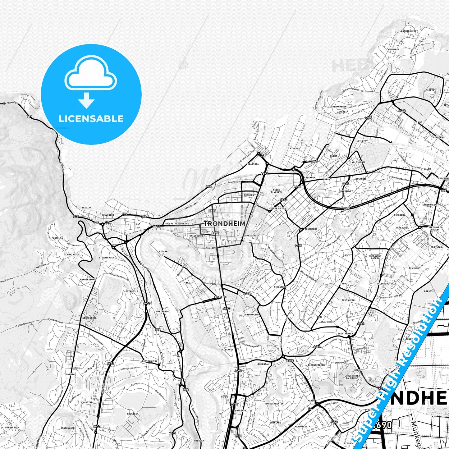 Trondheim, Norway Light Map with Street Names, City Names, and Districts
