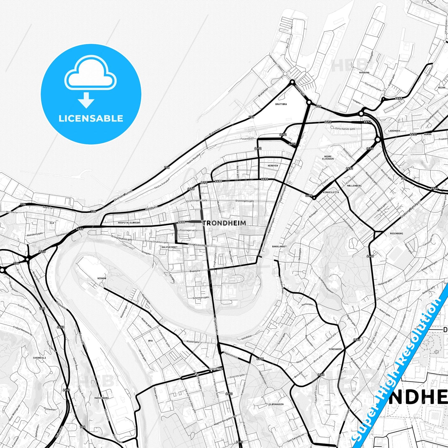 Trondheim, Norway Light Map with Street Names, City Names, and Districts