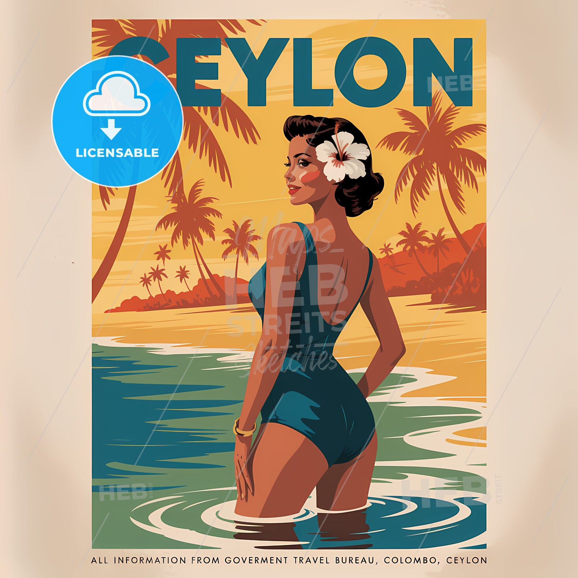 Tropical Serenity: Vintage Ceylon Travel Poster with Elegant Beach Beauty